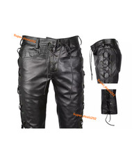 Mens Black Lambskin Leather Lace Up Biker Pants Front Side Laced Motorcycle Wear