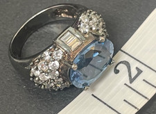 Vintage .5  blue sapphire 925 Sterling Silver Ring 7 ornate crystals statement