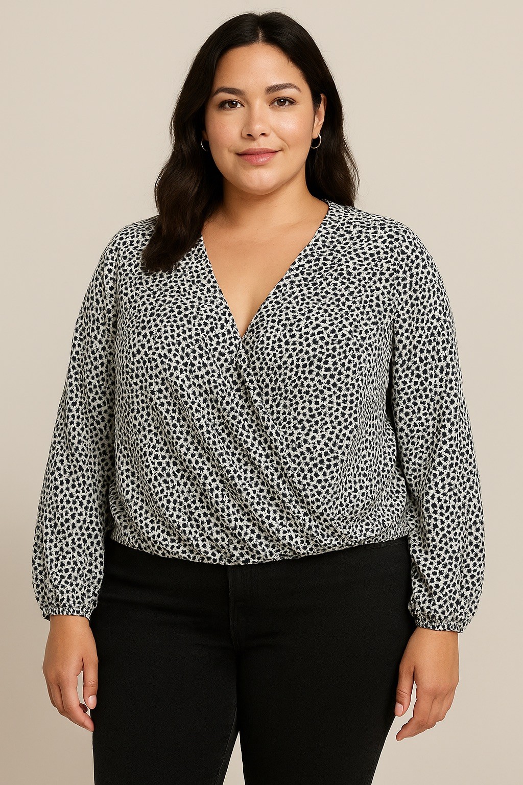 A New Day XXL Women’s Blouse Black White Print Surplice Wrap V-Neck Long Sleeve