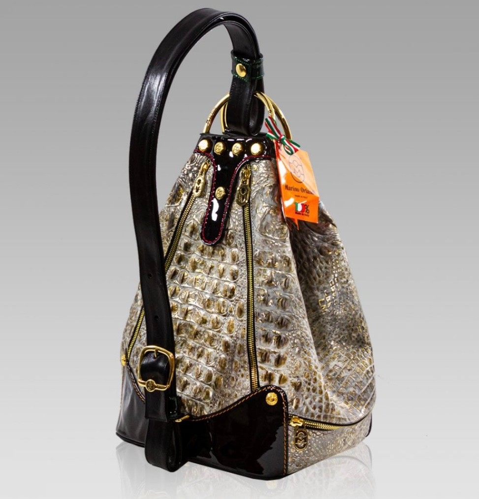 Marino Orlandi white cream gold croc leather sling backpack bag image 2