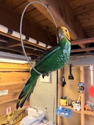 Vintage Mexican Ceramic Parrot Folk Art Hanging Hoop Green Hand Painted 18''