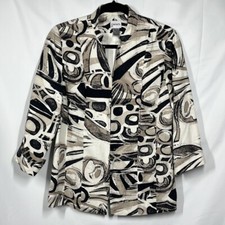 Chico's Silk Linen Jacket Lined Sz 0 Small Black/Tan/Beige Abstract Art to Wear