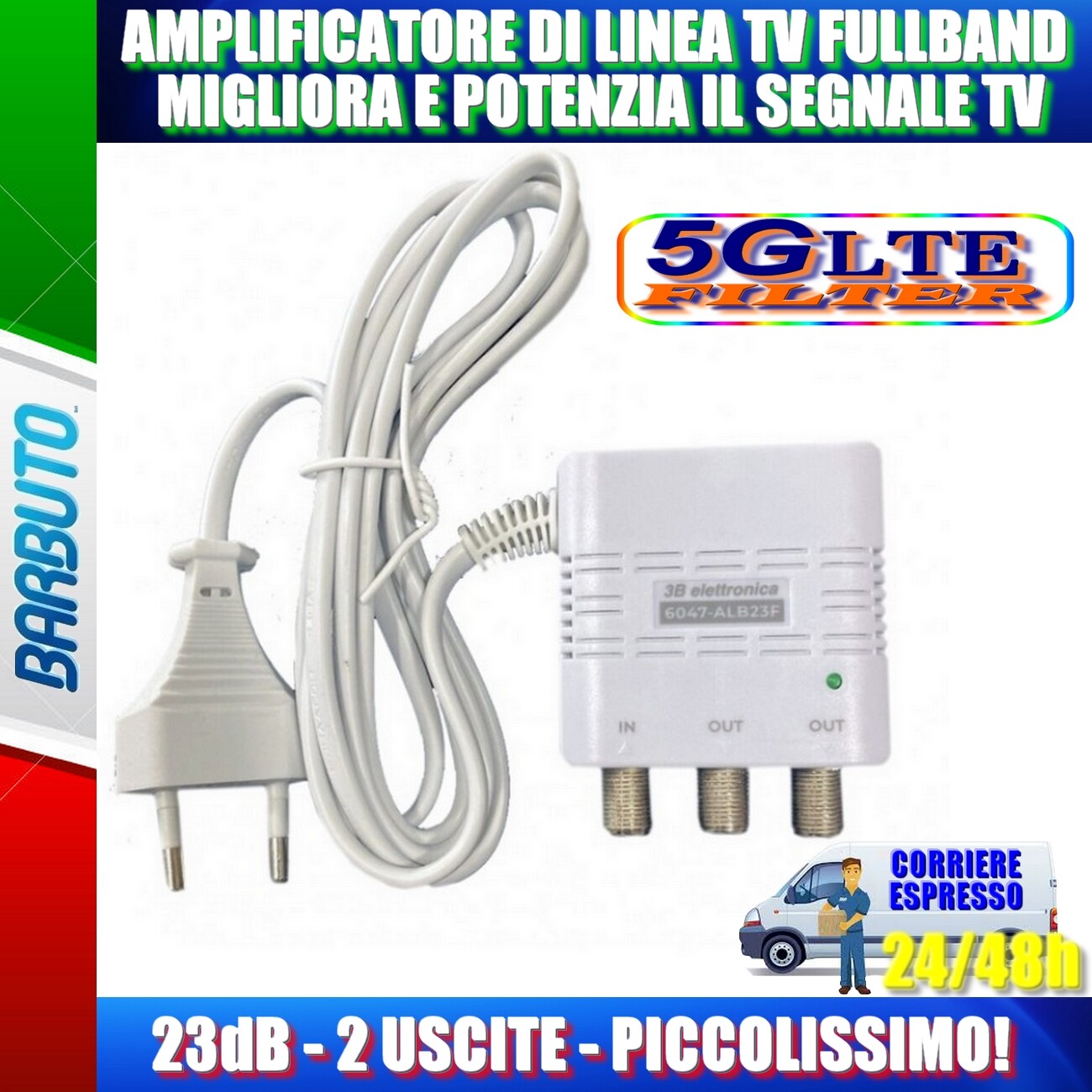 AMPLIFICATORE DI LINEA TV FULLBAND 23dB 2 OUT MIGLIORA E POTENZIA IL SEGNALE TV