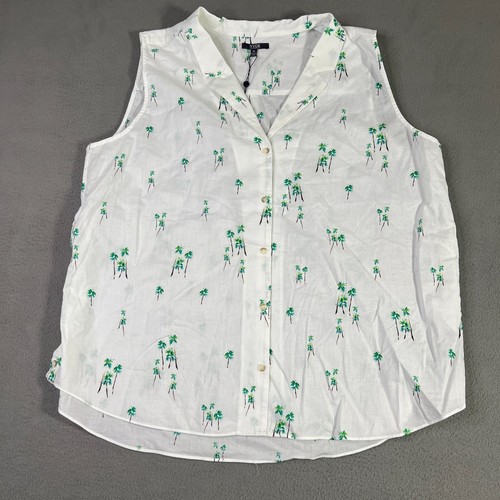 NYDJ Top Womens XL White Button Up Palm Trees Sleeveless Summer Beach Casual NWT
