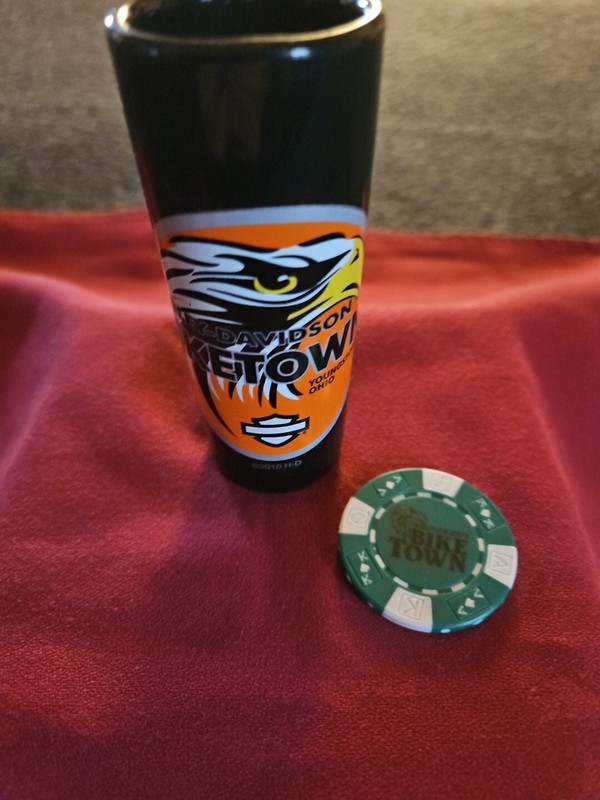 HARLEY DAVIDSON DEALERSHIP BIKE TOWN OHIO DOUBLE SHOT GLASS AND POKER CHIP, NICE