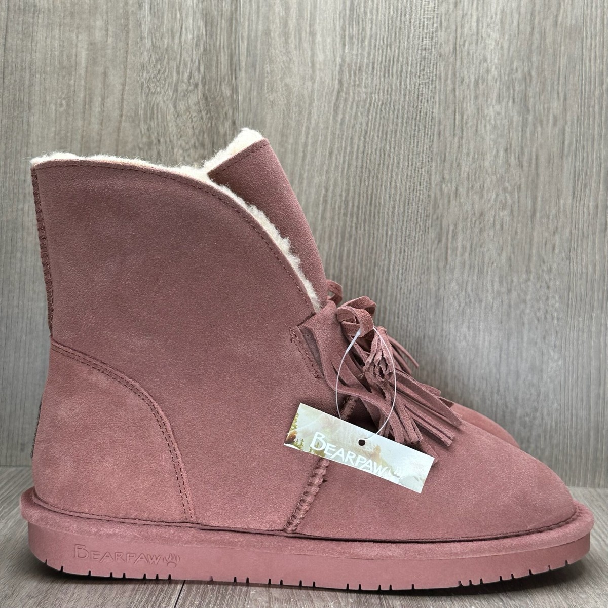 Bearpaw Ankle Boots Women Size Dusty Pink Suede Tassel Sheepskin Lined  Winter