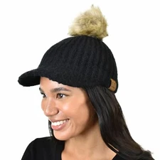 C.C Winter Warm Knit Jockey Style with Faux Fur Pom Visor Beanie Cap