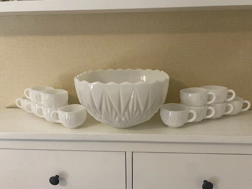 Vintage Hazel Atlas Williamsport pattern Milkglass punch bowl w/ 12  cups