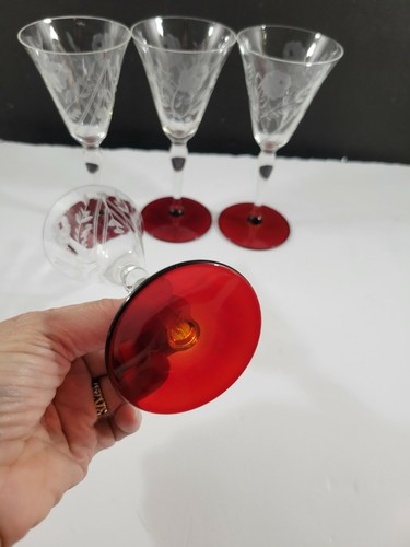 Juego/4 Gafas Cordiales Grabadas Ópticas Florales 6" De Colección Vástago Transparente Rojo Rubí Base de Vidrio - Imagen 10 de 11