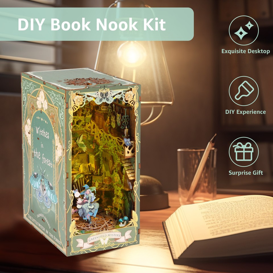 DIY Book Nook Kit 3D Wooden Puzzle Bookshelf Insert Decor with LED