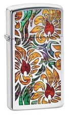 Zippo Windproof Slim Chrome Lighter With Fusion Floral Design 29702 New In Box
