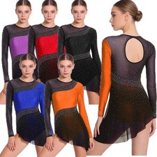 Womens Dress Party Bodysuit Tango Dancewear Crotch Rhinestone Ballet Glittery