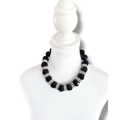 Vintage Black Glass Bead Necklace, Faceted Beads, Rhinestones, Cocktail Costume - Picture 13 of 13