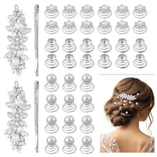Sibba 40Pcs Rhinestone Hair Clips Silver Pearl HairPins Crystal Gems Spiral