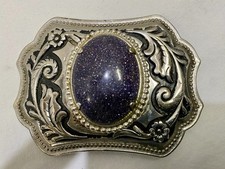 Western Belt Buckle Purple Glitter Stone Ornate Floral Silver Tone