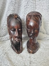 Pair of Vintage African Hand-Carved Wooden Heads/Busts - Male & Female - 7” Tall