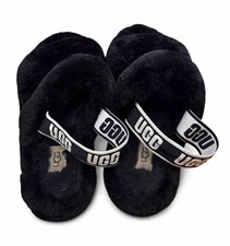 UGG Women  s Fur Slide Slippers Open Toe Logo Strap Black US 9