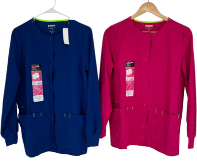Scrubstar Women's Jacket Size XS Active Warm-up Snap Front Blue Pink