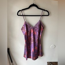 Vintage Victoria  s Secret Purple Floral Silk-Feel Slip Dress Y2K Lace Trim