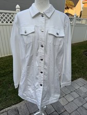 Women's Chico's Sz 3 White Denim Long Jacket Brushed Soft Long Sleeve w/ Collar
