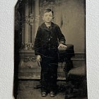 Antique Tintype Photograph Adorable Little Boy Photo Stand Spooky