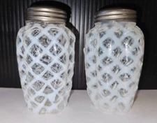 Victorian Ribbed Lattice Salt Shaker White Opalescent Glass Melon Sprig
