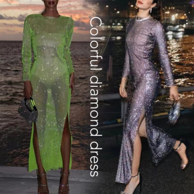 Womens See Through Rhinestone Glitter Dress Side Slit Party Long Fishnet  Dress. | eBay