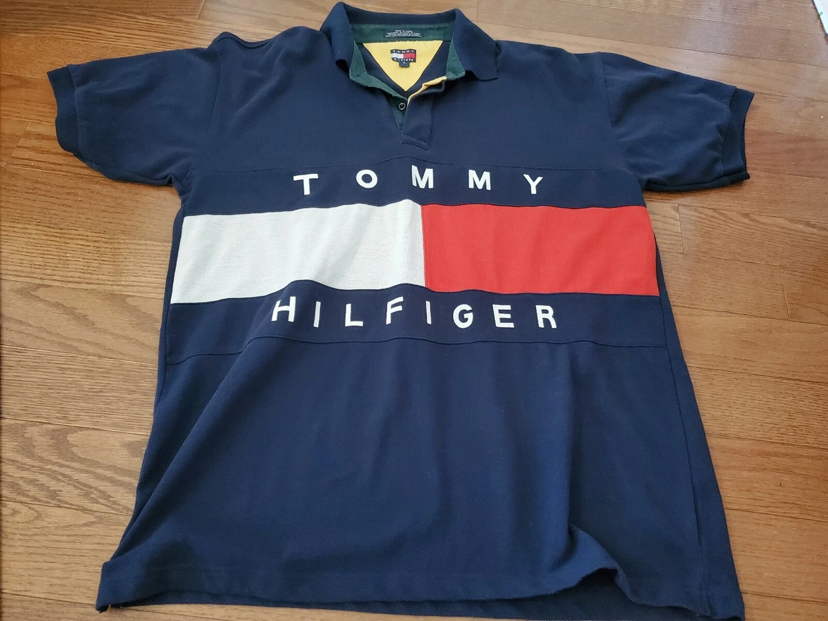Vintage 90 s Tommy Hilfiger Big Flag Polo blue Collared S S Shirt Men s Size XL