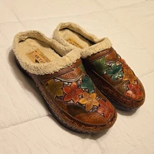 L’Artiste by Spring Step Women Brown Leather LINED CLOGS Flower 40 US 9 Hippie 