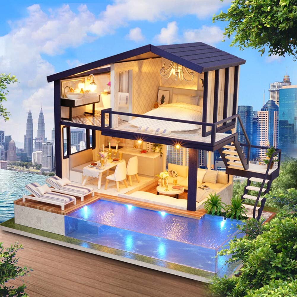 DIY Miniature Wooden Villa With Swimming Pool Assembling Doll