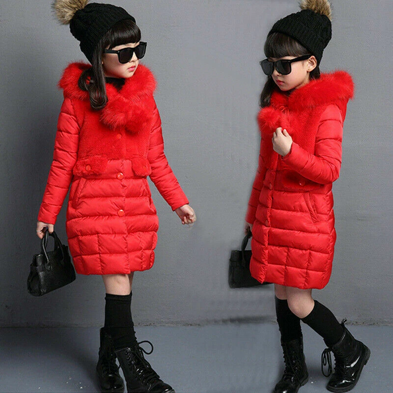 Invierno Niñas Niños Abrigo Cálido Chaqueta Acolchada Imitación Piel Capucha Largo Parka Abrigo Foto 2 de 4