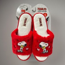 Peanuts Snoopy  Woodstock Valentines Red Fuzzy Open-Toe Slippers Size L9/10 NWT
