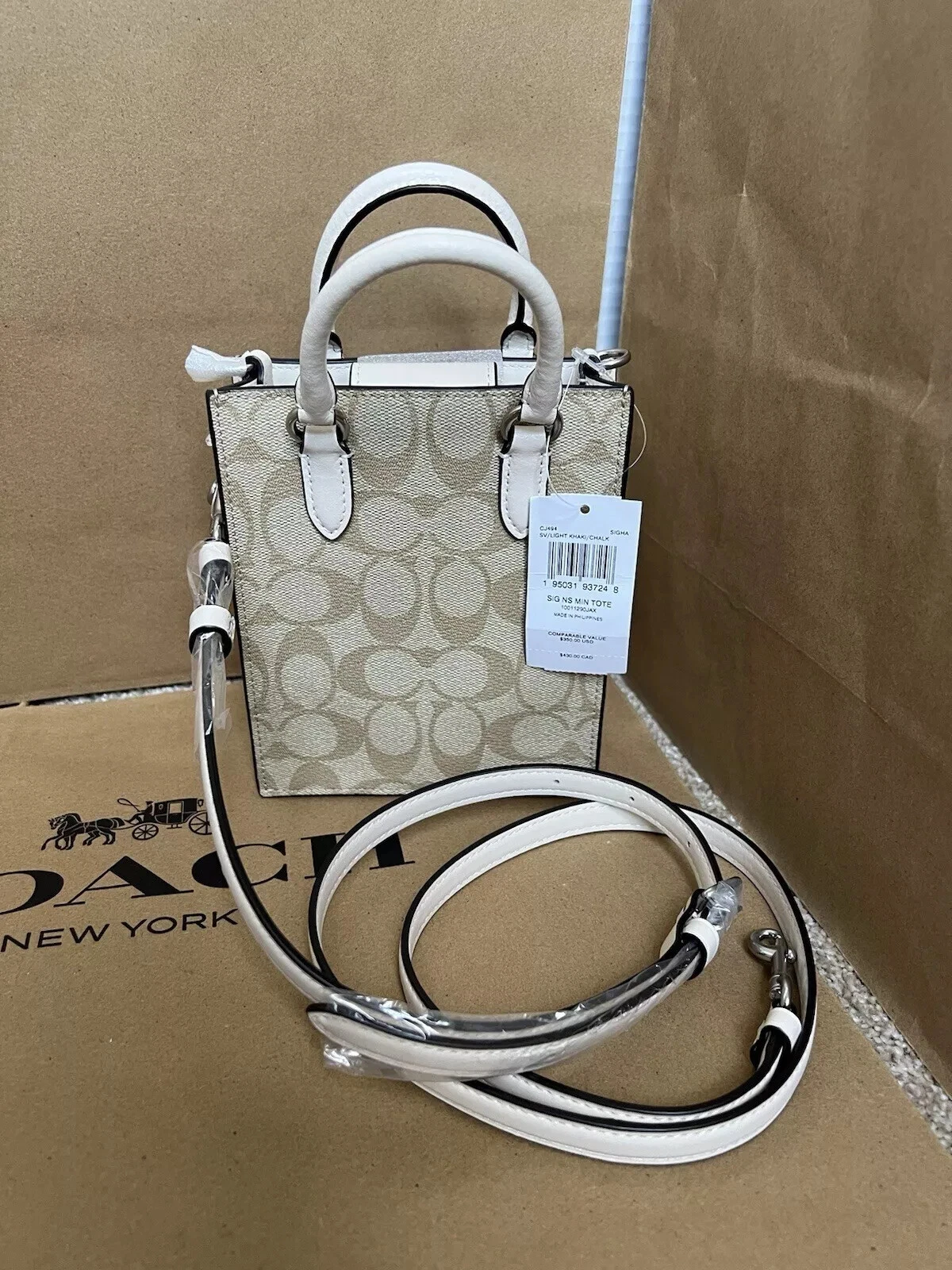 Mini borsa Coach CJ494 North South nuova con etichette in tela firmata IN GESSO KAKI CHIARO