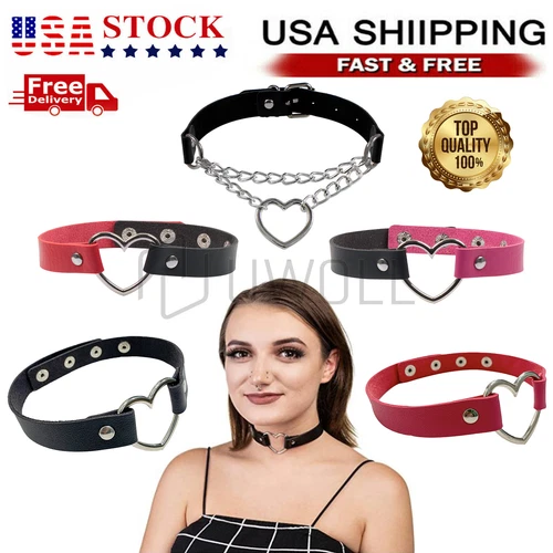 Leather Choker Necklace Adjustable Heart Chain Neck Collar Gothic Punk Gift - product listing photo