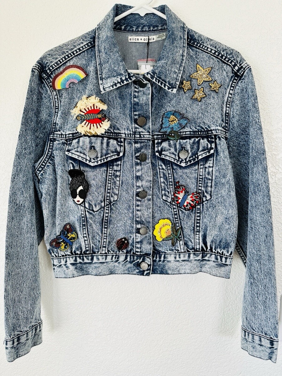 NWT Alice + Olivia Chloe Cropped Denim Jacket with Patches $795