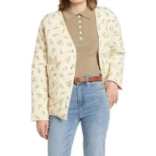 Elodie Jacket Medium Womens Ecru Floral Quilted V Neck Patch Pockets Size XL