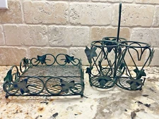  Black/Deep Green Napkin Holder w/Ivy Design and Matching Utensil Holder