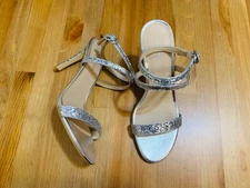 Stuart Weitzman silver glitter open toe ankle strap heeled shoes NWOB size 8