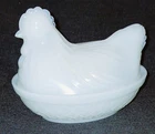Vintage Milk Glass Opalescent Nesting Hen On Nest  Candy Dish 4 1/2"