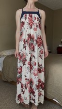 Sleeveless Floral Maxi Dress White Red Pink Navy Square Neck Long Women
