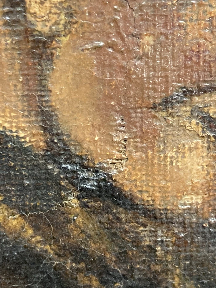 Antigua pintura al óleo sobre lienzo de monje de taberna 8x10 arte antiguo rústico dañado revestimiento Foto 4 de 4