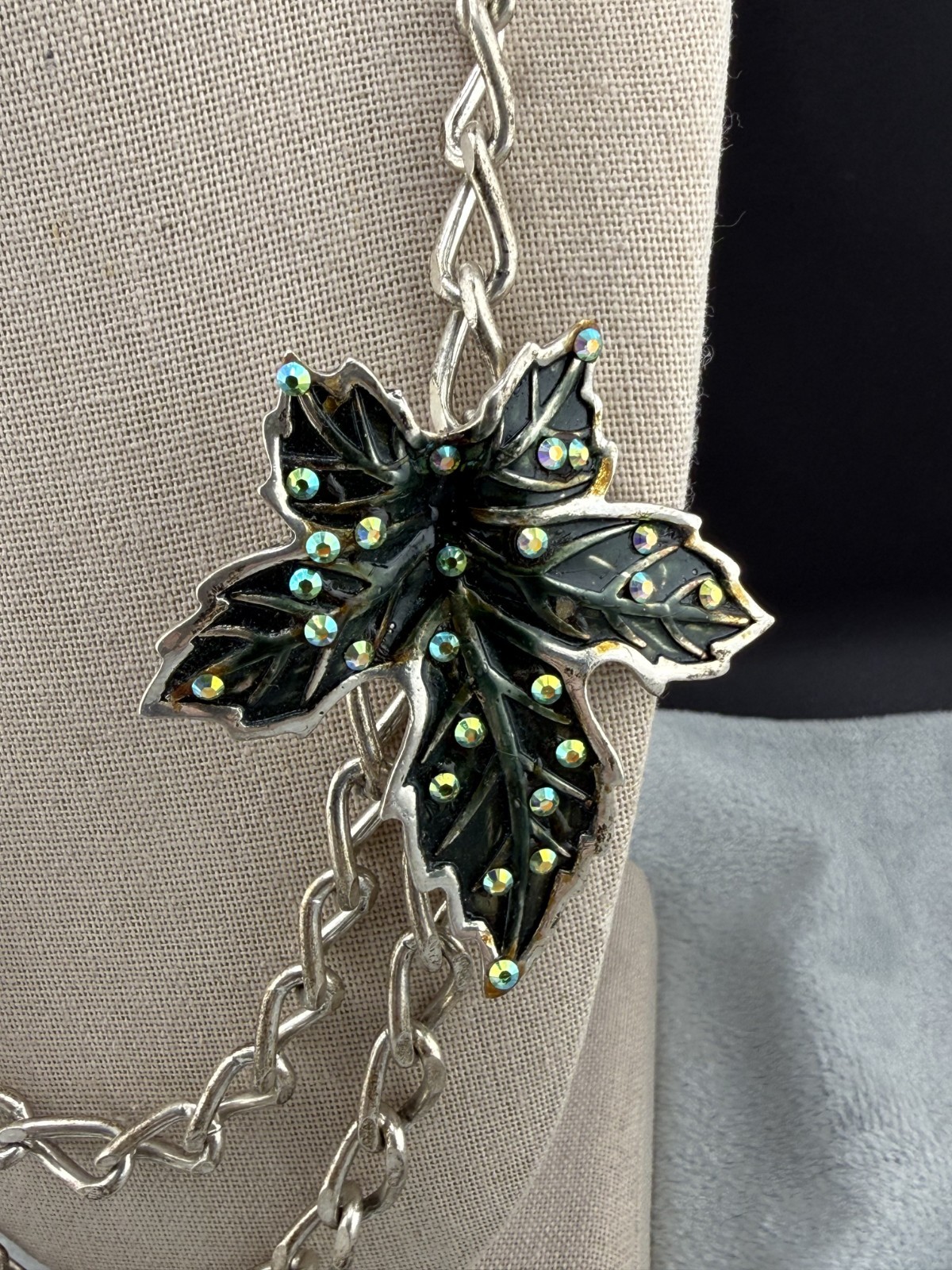 Leaf Statement Necklace Rhinestones Silver Tone 2… - image 3
