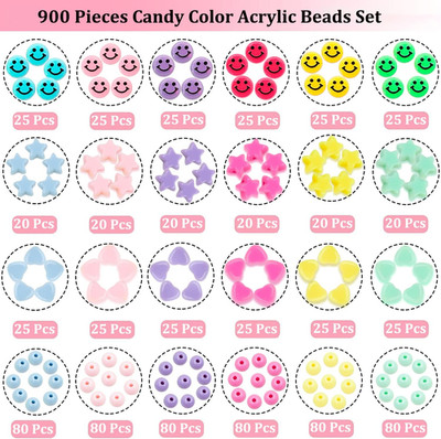 900Pcs Candy Color Acrylic Heart Beads Star Beads Happy Face Bead Assorted Pl...