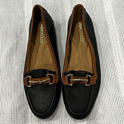 Aerosoles Women s Leather Slip-On Loafer Black/Brown Comfort Buckle 9.5 M