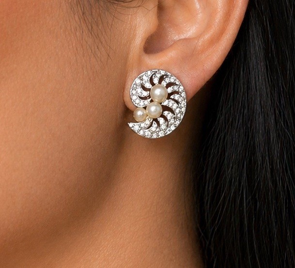 Vintage Trifari Faux Pearl Rhinestone Swirl Clip On Earrings Silver Tone Signed
