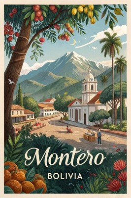 Fesselndes Montero Bolivien Reiseposter - Lebendige tropische Landschaft Kunstdruck
