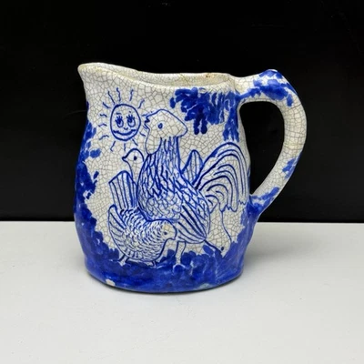 Dedham Pottery Blue & White Crackle Glaze Night & Day Pitcher **Repaired** - Image 1 of 4