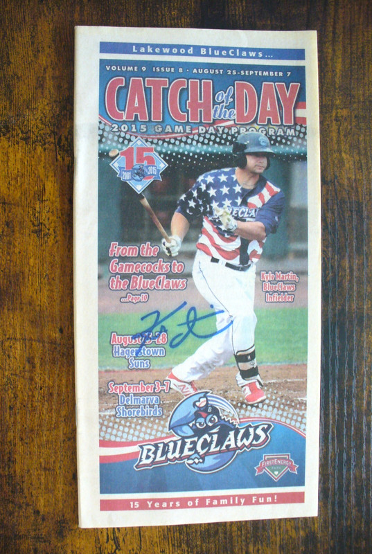 MILB - 2015 (Aug.) Lakewood BlueClaws GameDay Program "Kyle Martin" Auto. - EX