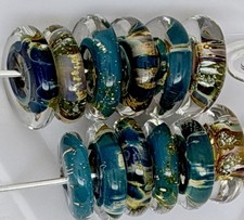 Lot Of 12 Handmade Artisan Lampwork Disk Beads Blues Greens Beading Crafts