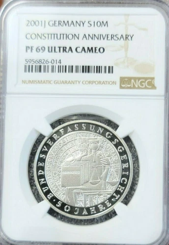 2001 GERMANY SILVER 10 MARK CONSTITUTION ANNIV NGC PF 69 ULTRA CAMEO TOP POP